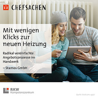 © Chefsachen-Podcast: RKW Kompetenzzentrum 2025 / iStock.com Das Bild zeigt ein Paar mit einem Tablet vor einem Heizungskörper. Es illustriert die Podcast-Folge 54 aus der RKW-Podcast-Reihe "Chefsachen" mit dem Titel: „Fachkräftemangel strategisch anpacken: Digitalisierung mit Sinn und System“. Es geht um die Stamos GmbH, die innovative Strategien gegen den Fachkräftemangel einsetzt.